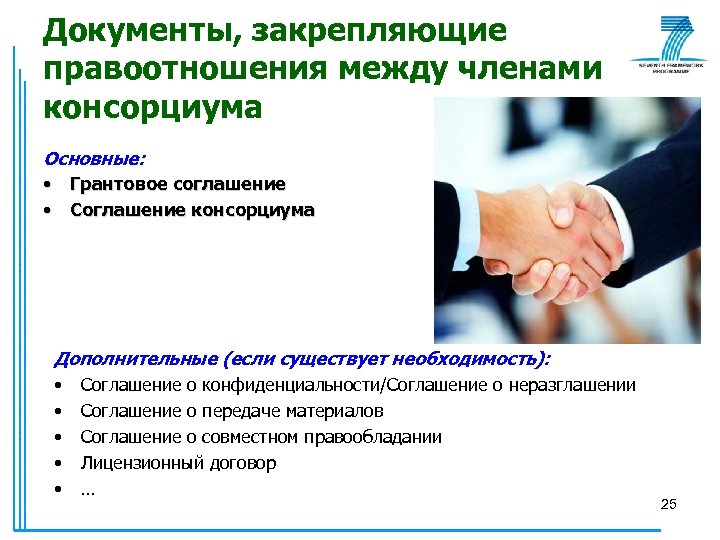 Документы, закрепляющие правоотношения между членами консорциума Основные: • Грантовое соглашение • Соглашение консорциума Дополнительные