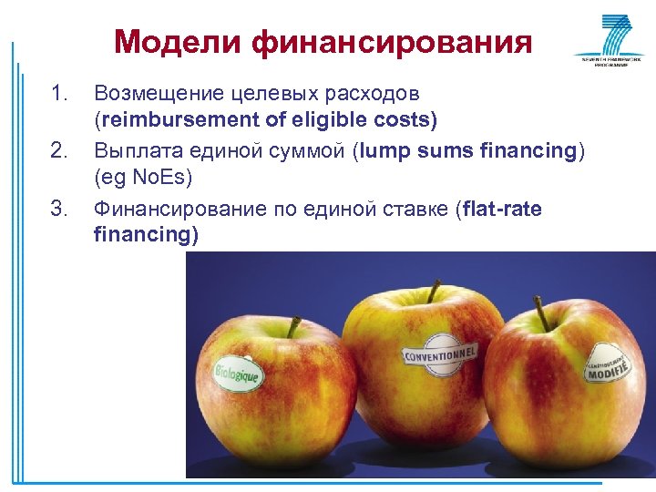 Модели финансирования 1. 2. 3. Возмещение целевых расходов (reimbursement of eligible costs) Выплата единой
