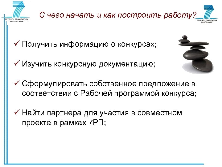 С чего начать и как построить работу? Получить информацию о конкурсах; Изучить конкурсную документацию;