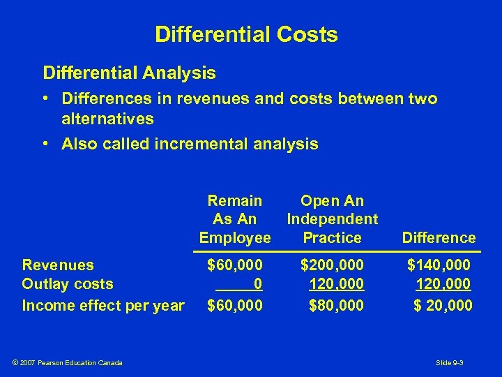 Differential Costs Differential Analysis • Differences in revenues and costs between two alternatives •