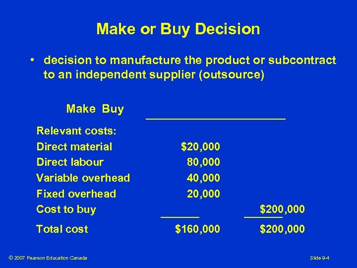 Make or Buy Decision • decision to manufacture the product or subcontract to an