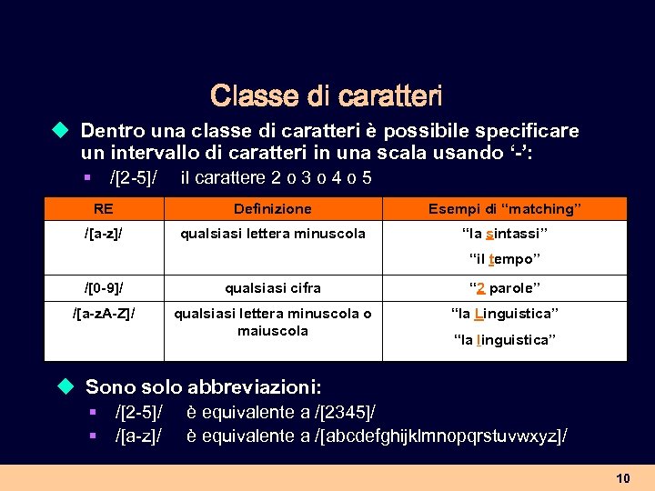 Classe di caratteri u Dentro una classe di caratteri è possibile specificare un intervallo