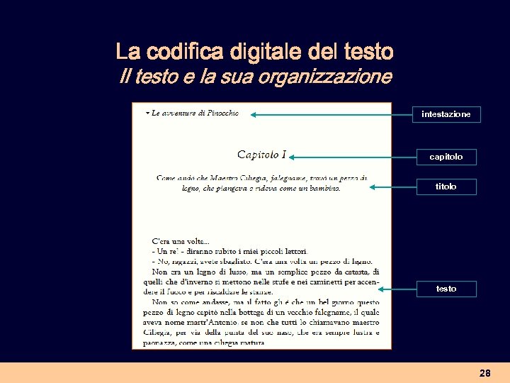 La codifica digitale del testo Il testo e la sua organizzazione intestazione capitolo testo