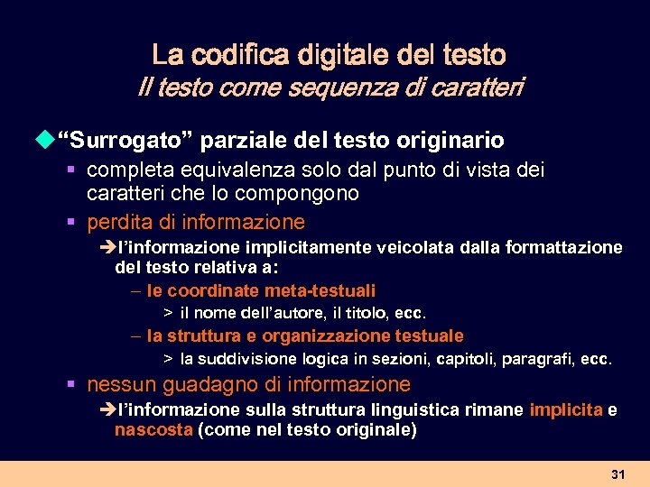 La codifica digitale del testo Il testo come sequenza di caratteri u “Surrogato” parziale