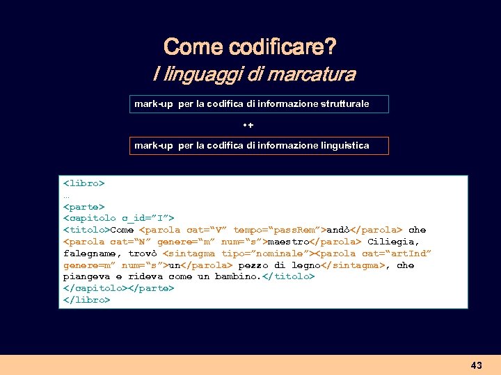 Come codificare? I linguaggi di marcatura mark-up per la codifica di informazione strutturale •