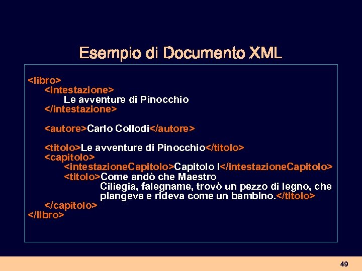Esempio di Documento XML <libro> <intestazione> Le avventure di Pinocchio </intestazione> <autore>Carlo Collodi</autore> <titolo>Le