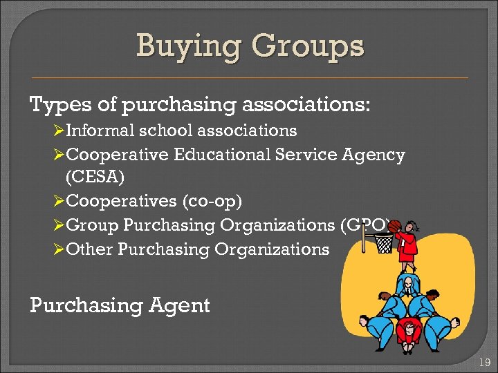 Buying Groups Types of purchasing associations: ØInformal school associations ØCooperative Educational Service Agency (CESA)