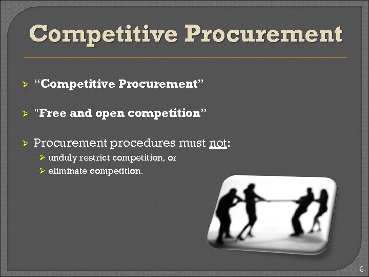 Competitive Procurement Ø “Competitive Procurement” Ø "Free and open competition” Ø Procurement procedures must