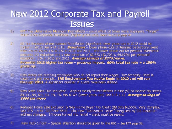 New 2012 Corporate Tax and Payroll Issues 1) AMT Tax (Alternative Minimum Tax) effects