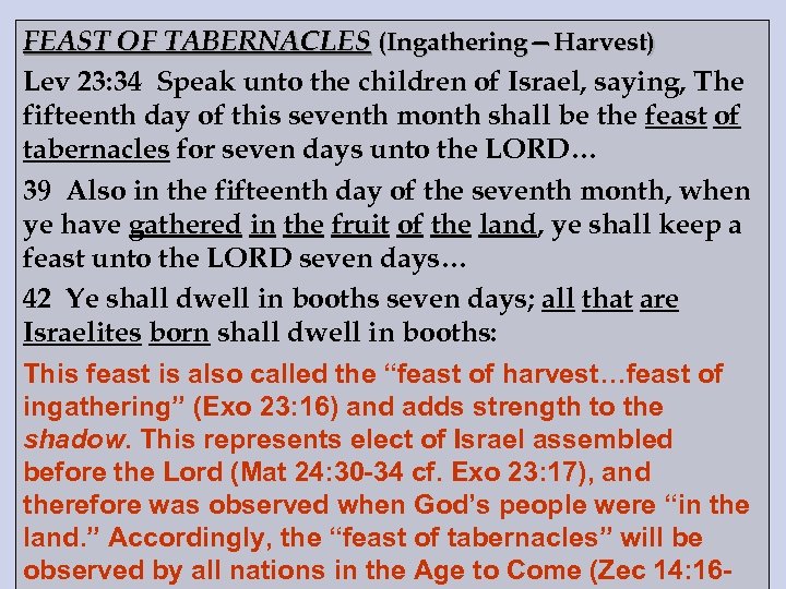 FEAST OF TABERNACLES (Ingathering—Harvest) Lev 23: 34 Speak unto the children of Israel, saying,