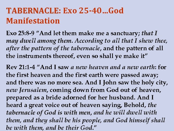 TABERNACLE: Exo 25 -40…God TABERNACLE Manifestation Exo 25: 8 -9 “And let them make