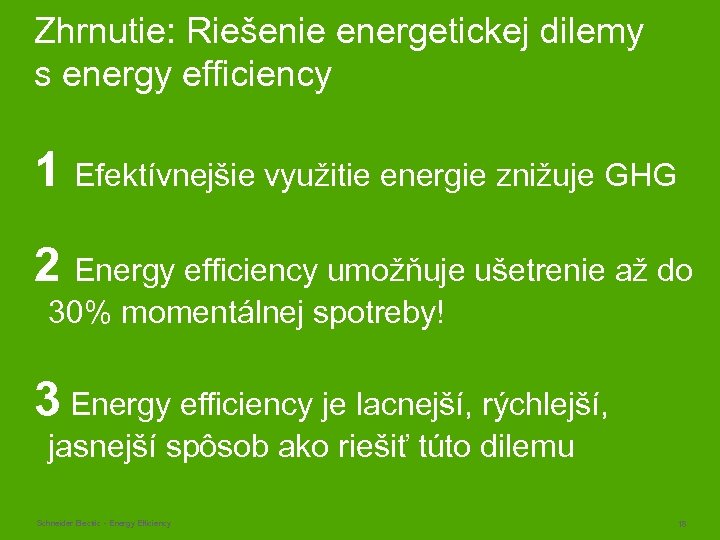 Zhrnutie: Riešenie energetickej dilemy s energy efficiency 1 Efektívnejšie využitie energie znižuje GHG 2