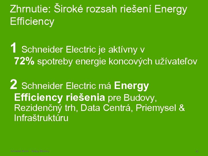 Zhrnutie: Široké rozsah riešení Energy Efficiency 1 Schneider Electric je aktívny v 72% spotreby