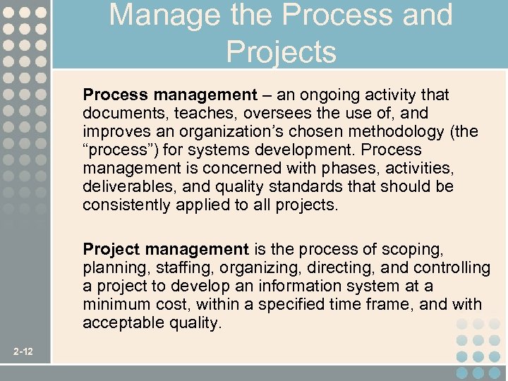 Manage the Process and Projects Process management – an ongoing activity that documents, teaches,