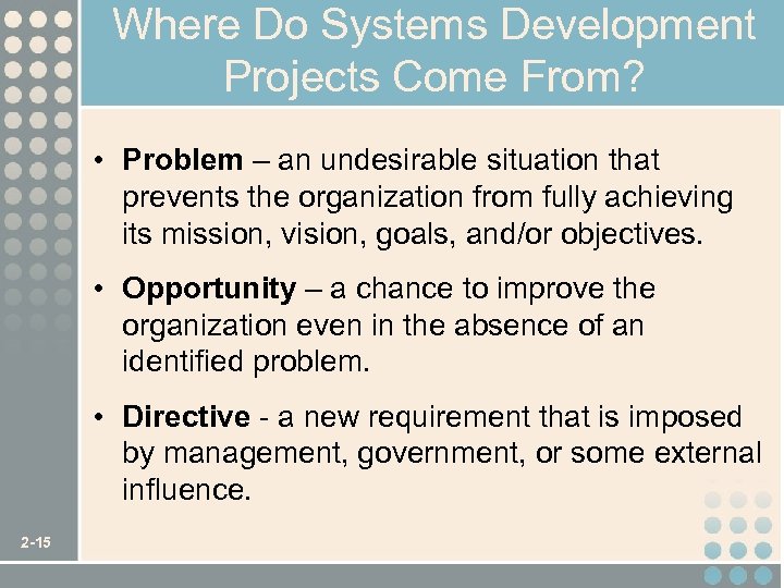 Where Do Systems Development Projects Come From? • Problem – an undesirable situation that