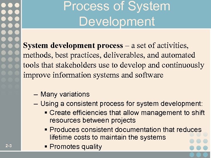Process of System Development System development process – a set of activities, methods, best