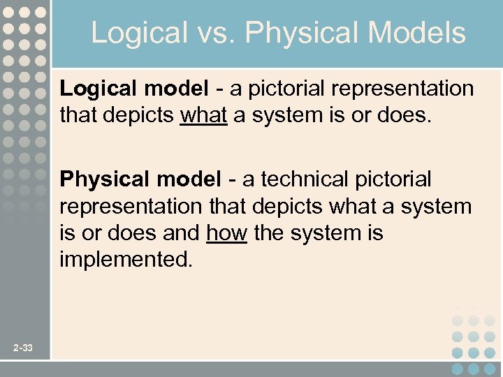 Logical vs. Physical Models Logical model - a pictorial representation that depicts what a