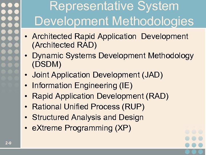 Representative System Development Methodologies • Architected Rapid Application Development (Architected RAD) • Dynamic Systems