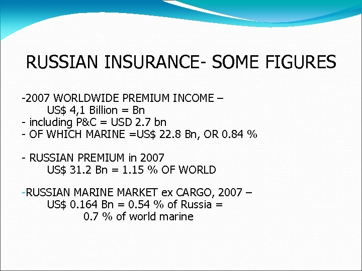 RUSSIAN INSURANCE- SOME FIGURES -2007 WORLDWIDE PREMIUM INCOME – US$ 4, 1 Billion =