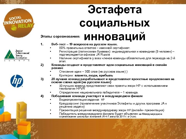 Эстафета социальных инноваций Этапы соревнования: 1. 2) 3) 4) Веб- тест – 19 вопросов