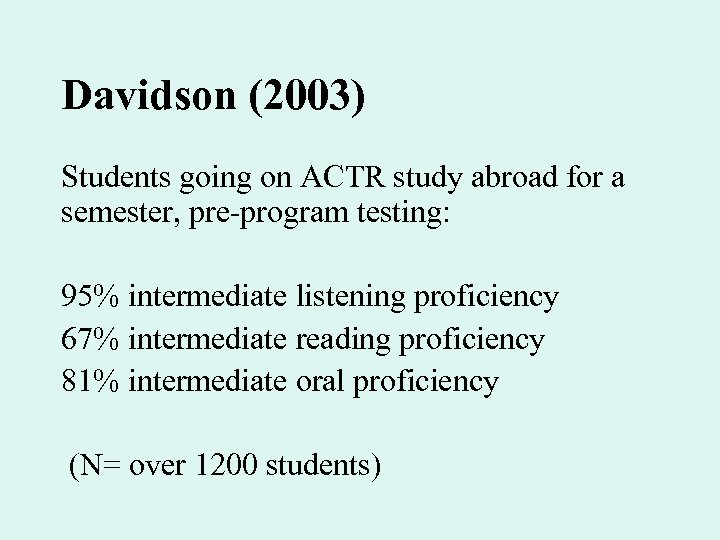 Davidson (2003) Students going on ACTR study abroad for a semester, pre-program testing: 95%