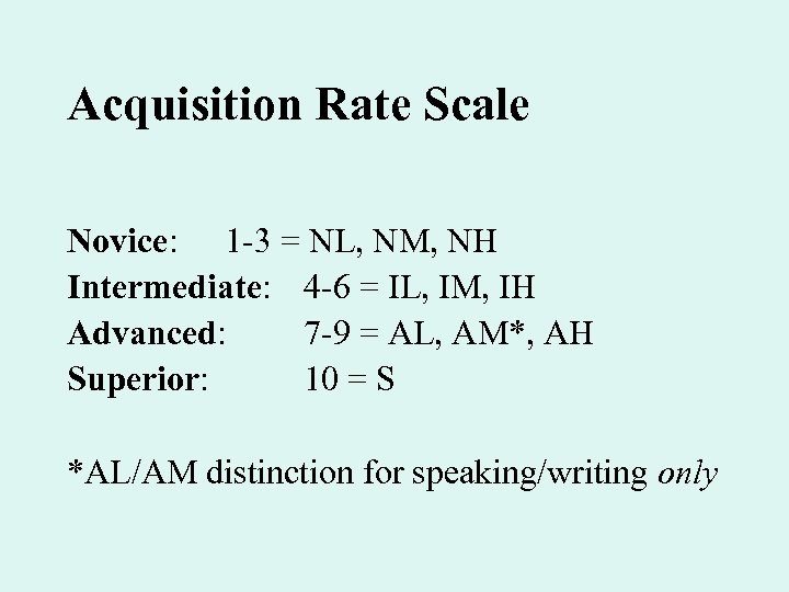 Acquisition Rate Scale Novice: 1 -3 = NL, NM, NH Intermediate: 4 -6 =