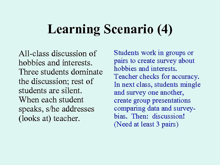 Learning Scenario (4) All-class discussion of hobbies and interests. Three students dominate the discussion;