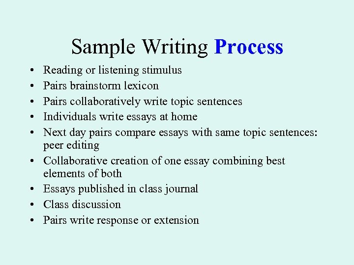 Sample Writing Process • • • Reading or listening stimulus Pairs brainstorm lexicon Pairs