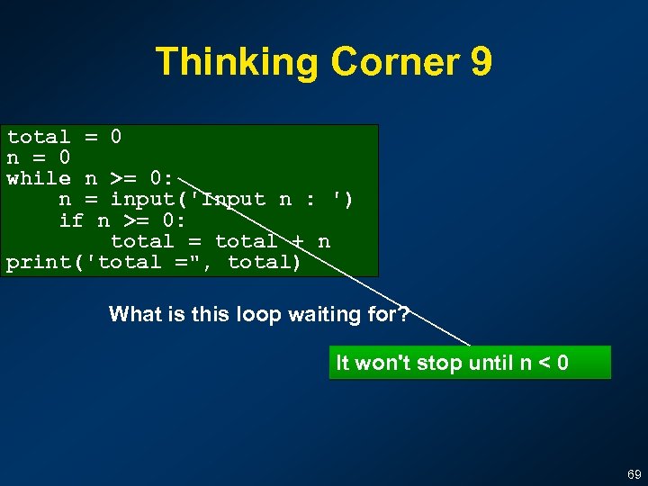 Thinking Corner 9 total = 0 n = 0 while n >= 0: n