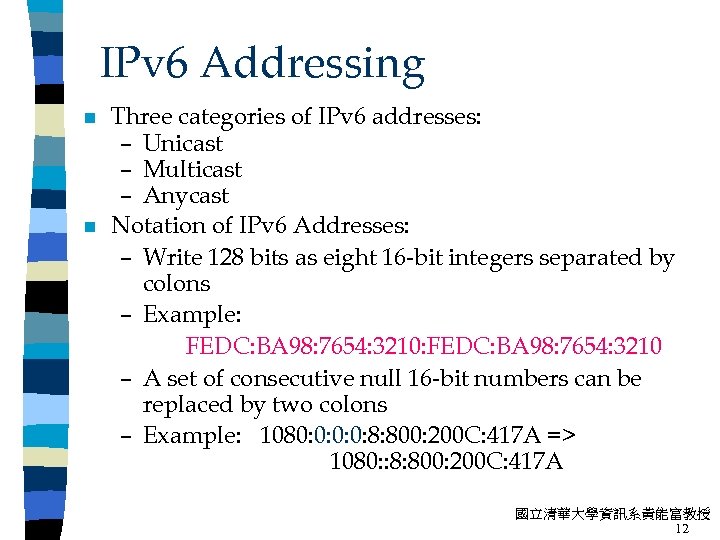 IPv 6 Addressing n n Three categories of IPv 6 addresses: – Unicast –