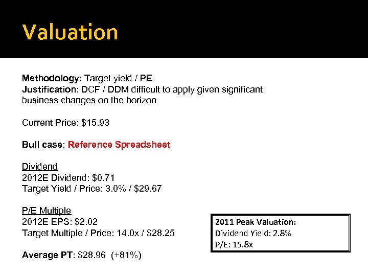 Valuation Methodology: Target yield / PE Justification: DCF / DDM difficult to apply given