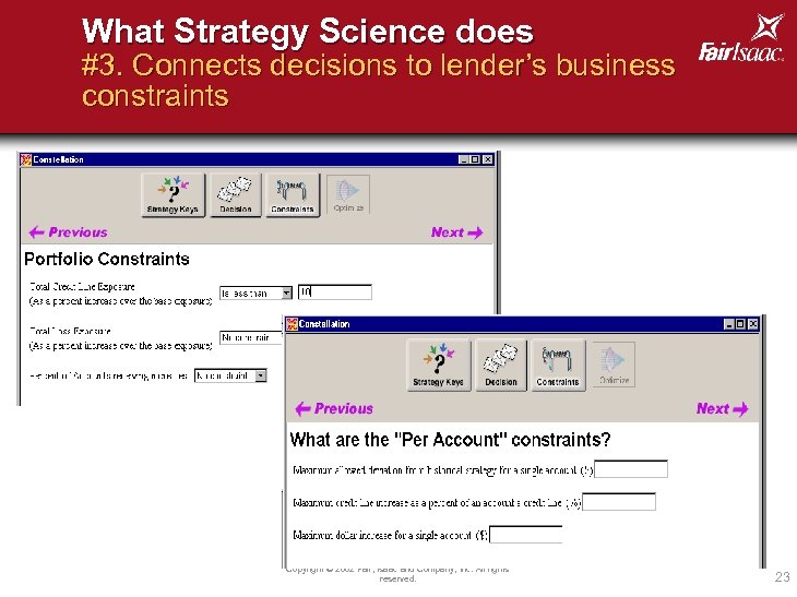 What Strategy Science does #3. Connects decisions to lender’s business constraints Copyright © 2002