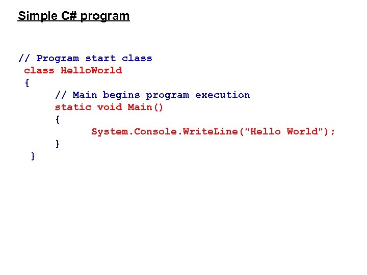 Simple C# program // Program start class Hello. World { // Main begins program