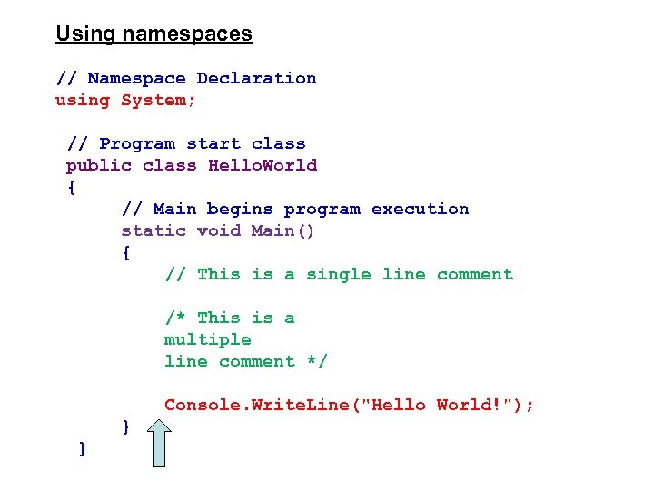 Using namespaces // Namespace Declaration using System; // Program start class public class Hello.