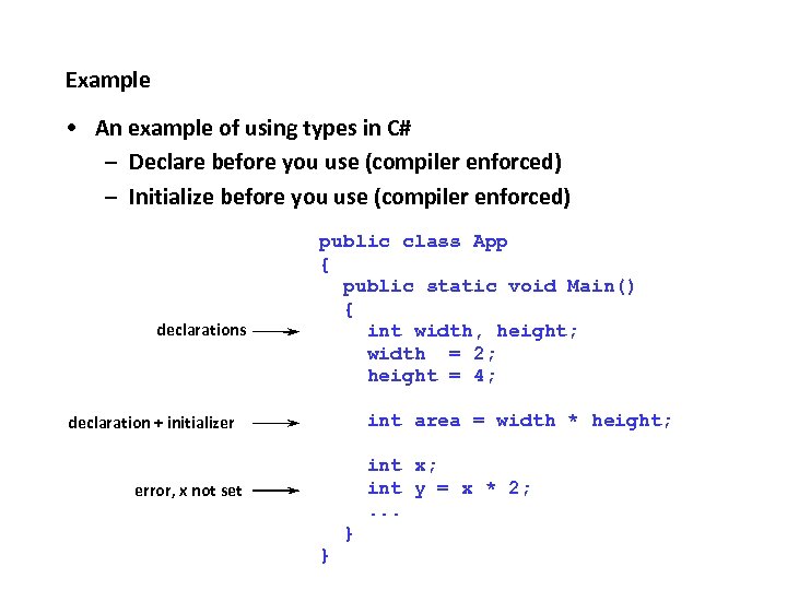 Example • An example of using types in C# – Declare before you use