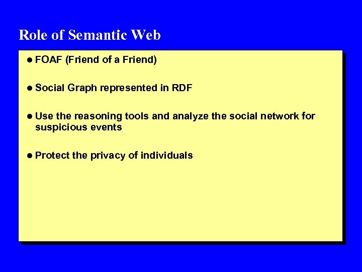 Role of Semantic Web l FOAF (Friend of a Friend) l Social Graph represented