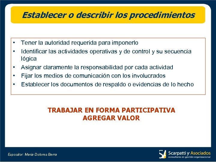 Establecer o describir los procedimientos • Tener la autoridad requerida para imponerlo • Identificar