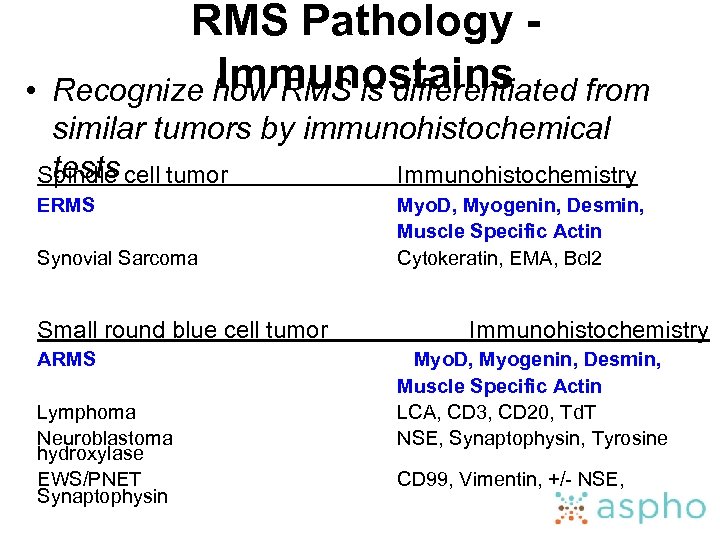 • RMS Pathology Immunostains Recognize how RMS is differentiated from similar tumors by