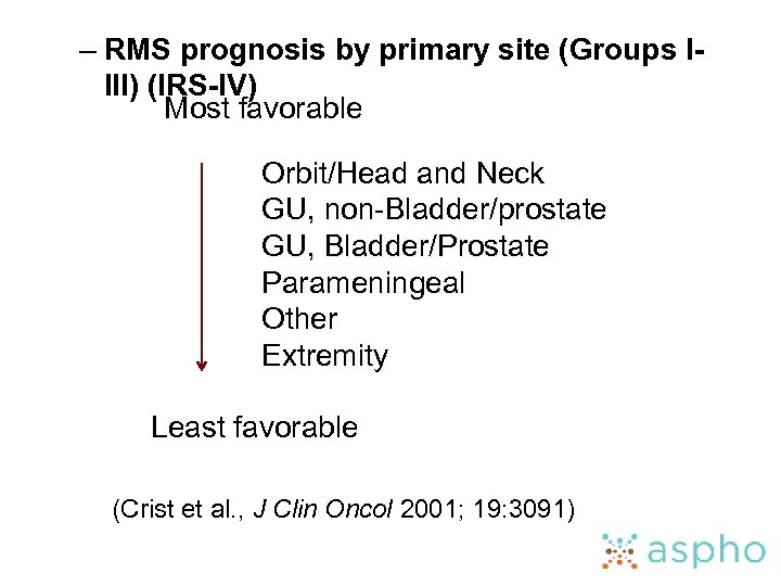 – RMS prognosis by primary site (Groups IIII) (IRS-IV) Most favorable Orbit/Head and Neck