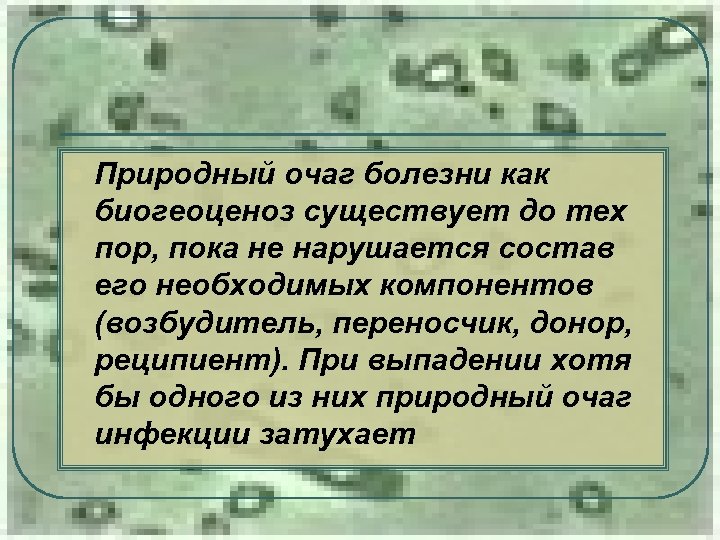 l Природный очаг болезни как биогеоценоз существует до тех пор, пока не нарушается состав