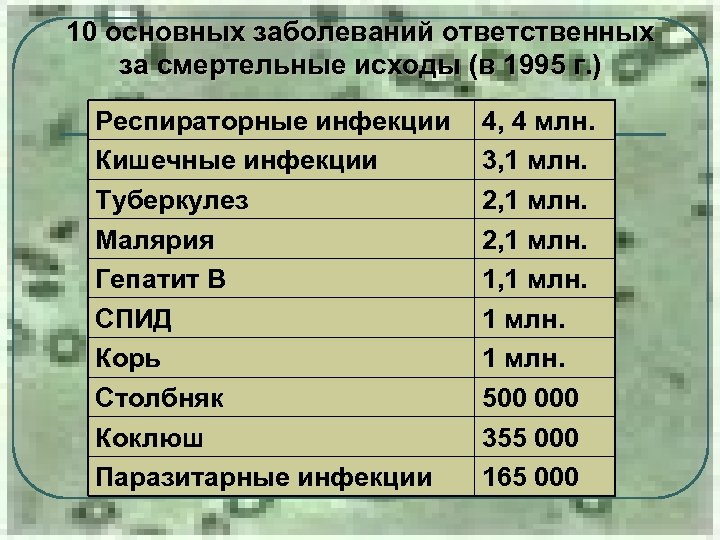 10 основных заболеваний ответственных за смертельные исходы (в 1995 г. ) Респираторные инфекции Кишечные