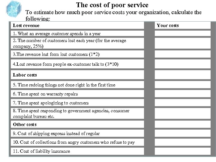 The cost of poor service To estimate how much poor service costs your organization,