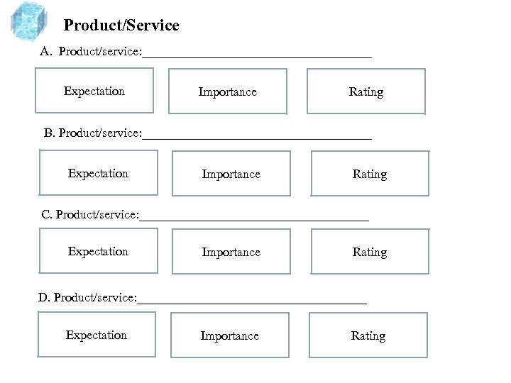 Product/Service A. Product/service: __________________ Expectation Importance Rating B. Product/service: __________________ Expectation Importance Rating C.