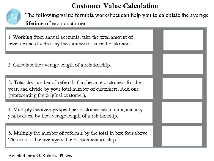 Customer Value Calculation The following value formula worksheet can help you to calculate the