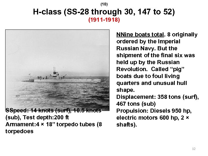 (10) H-class (SS-28 through 30, 147 to 52) (1911 -1918) SSpeed: 14 knots (surf),