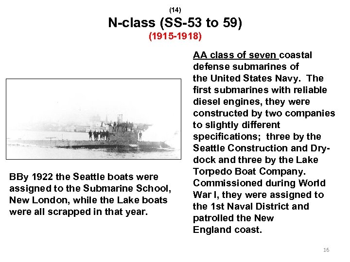 (14) N-class (SS-53 to 59) (1915 -1918) BBy 1922 the Seattle boats were assigned