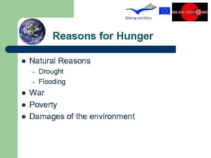 Reasons for Hunger l Natural Reasons – – l l l Drought Flooding War