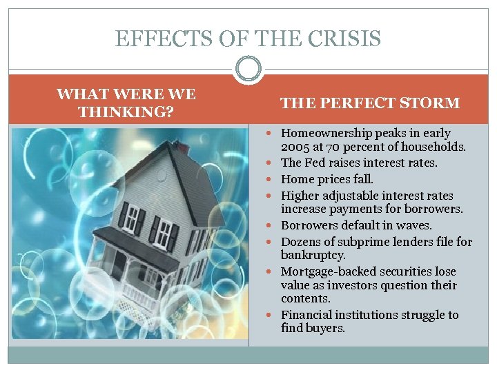 EFFECTS OF THE CRISIS WHAT WERE WE THINKING? THE PERFECT STORM Homeownership peaks in