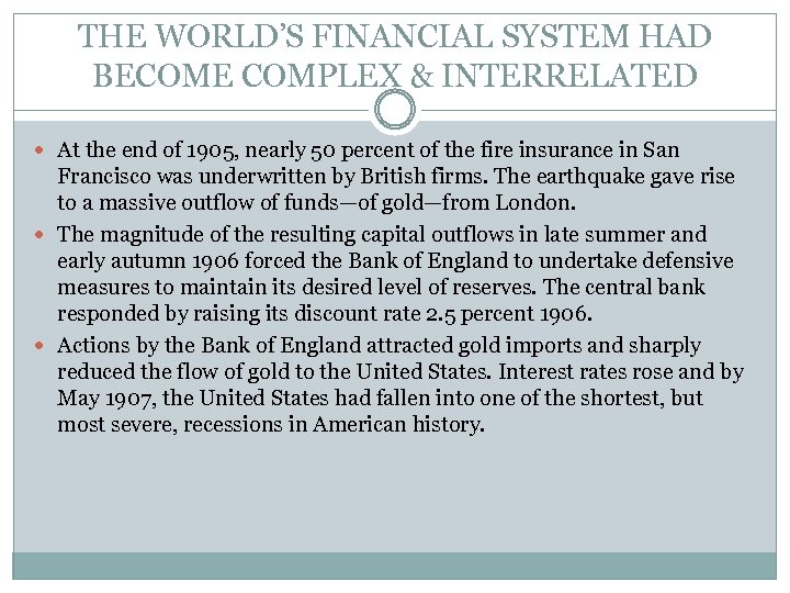 THE WORLD’S FINANCIAL SYSTEM HAD BECOME COMPLEX & INTERRELATED At the end of 1905,