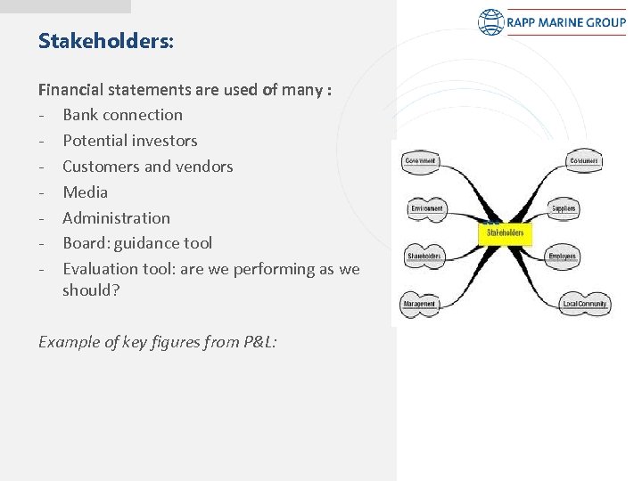 Stakeholders: Financial statements are used of many : - Bank connection - Potential investors